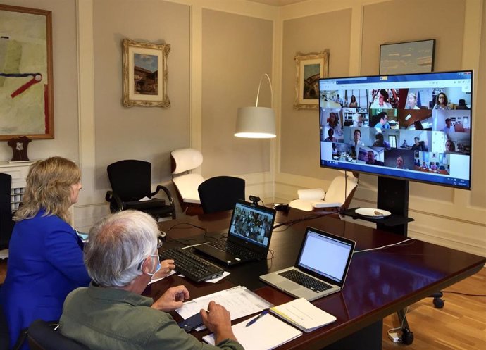 Ana Ollo y el director del Instituto Navarro de la Memoria, José Miguel Gastón, durante la reunión mantenida por videoconferencia con el secretario de estado de Memoria Democrática, Fernando Martínez López